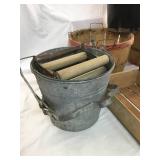 Metal mop bucket, wooden baskets, two metal pails, 2 wooden crates and 2 old bottles Germany beer.