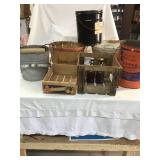 Metal mop bucket, wooden baskets, two metal pails, 2 wooden crates and 2 old bottles Germany beer.