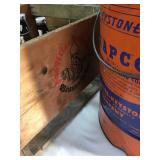 Metal mop bucket, wooden baskets, two metal pails, 2 wooden crates and 2 old bottles Germany beer.