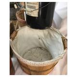 Metal mop bucket, wooden baskets, two metal pails, 2 wooden crates and 2 old bottles Germany beer.