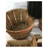 Metal mop bucket, wooden baskets, two metal pails, 2 wooden crates and 2 old bottles Germany beer.