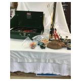 Large camping stove fishing poles, reels  baseball glove  ND bean bags game
