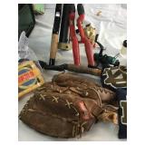 Large camping stove fishing poles, reels  baseball glove  ND bean bags game