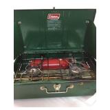 Large camping stove fishing poles, reels  baseball glove  ND bean bags game