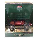 Large camping stove fishing poles, reels  baseball glove  ND bean bags game