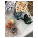 Large camping stove fishing poles, reels  baseball glove  ND bean bags game