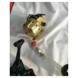 Large camping stove fishing poles, reels  baseball glove  ND bean bags game