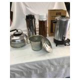 Regal coffee pot, 2 air pots, large kettle and cake pan