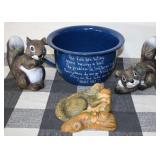 Squirrel Figurines and Enamel Bucket