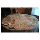 Large Lot Of Glassware (Pink & Green Depression, Relish & Candy Dishes, Salt & Peppers, Candlesticks)