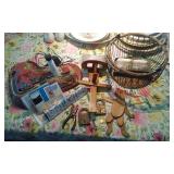 Vintage Viewmaster & Slides, Old Locks, Stamps, Wicker Basket, Maine Light House