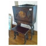 Vintage Wood Inlay Secretary Desk With Key & Matching Bench
