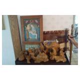 Religious Pictures, Barbed Wire Cross, Nativity Set (Chalkware?)