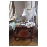 Vintage Parlor Table (Has Damage-34x24x29), Includes Decor On Top (Victorian Lamps, Music Boxes, Doilies, Wedgwood Trinket Box, More!
