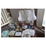 Vintage Parlor Table (Has Damage-34x24x29), Includes Decor On Top (Victorian Lamps, Music Boxes, Doilies, Wedgwood Trinket Box, More!