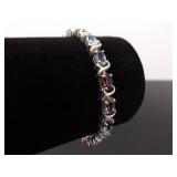 .925 Sterling Silver Multi Color Crystal Tennis Bracelet