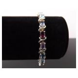 .925 Sterling Silver Multi Color Crystal Tennis Bracelet
