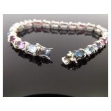 .925 Sterling Silver Multi Color Crystal Tennis Bracelet