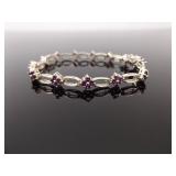 .925 Sterling Silver Amethyst Crystal Fluer Tennis Bracelet