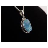 .925 Sterling Silver Aqua Crystal Pendant Necklace