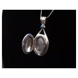 .925 Sterling Silver Sodalite Cabochon Locket Pendant Necklace