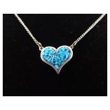 .925 Sterling Silver Inlayed Turquoise Chip Heart Pendant Necklace