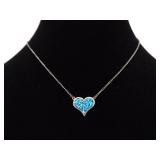 .925 Sterling Silver Inlayed Turquoise Chip Heart Pendant Necklace