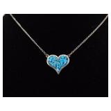 .925 Sterling Silver Inlayed Turquoise Chip Heart Pendant Necklace
