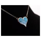 .925 Sterling Silver Inlayed Turquoise Chip Heart Pendant Necklace