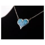 .925 Sterling Silver Inlayed Turquoise Chip Heart Pendant Necklace