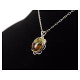 .925 Sterling Silver Jasper Cabochon Pendant Necklace