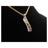 .925 Sterling Silver Multi Colored Stone Diamond Accented Vermeil Pendant Necklace