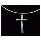 .925 Sterling Silver Turquoise Cabochon Cross Pendant Necklace