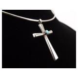 .925 Sterling Silver Turquoise Cabochon Cross Pendant Necklace