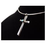 .925 Sterling Silver Turquoise Cabochon Cross Pendant Necklace