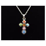 .925 Sterling Silver Multi Stone Cross Pendant Necklace