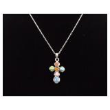 .925 Sterling Silver Multi Stone Cross Pendant Necklace