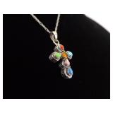 .925 Sterling Silver Multi Stone Cross Pendant Necklace