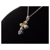 .925 Sterling Silver Multi Stone Cross Pendant Necklace