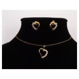 .925 Sterling Silver Crystal Heart Vermeil Earring, Pendant, and Necklace Set