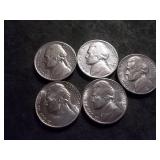 4- Silver War Nickels 1942-1945 & 1955 All BU+