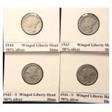 4 VF-XF MERCURY SILVER DIMES AS PICTURED
