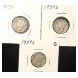 3 MERCURY DIMES 1937 P-D-S