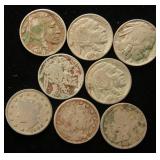 GROUP OF 8 LIBERTY & BUFFALO NICKELS AS PICTURED