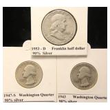 3 US SILVER COINS FRANKLIN HALF DOLLAR & 2 WASHINGTON QUARTERS