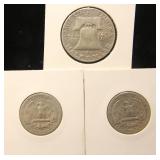3 US SILVER COINS FRANKLIN HALF DOLLAR & 2 WASHINGTON QUARTERS