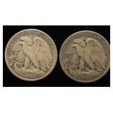 2 WALKING LIBERTY HALF DOLLARS 1937 1938