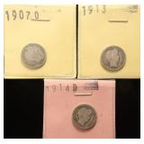 3 BARBER SILVER DIMES 1907-O 1913 1914-D