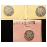 3 BARBER SILVER DIMES 1907-O 1913 1914-D