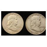 2 FRANKLIN HALF DOLLARS 1950-D 1952